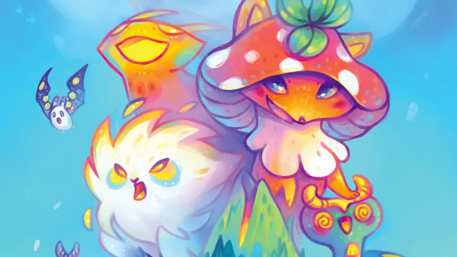 Illustration von zwei Mookies – einer leuchtenden Katze und einem Pilzwesen – auf der Insel der Mookies